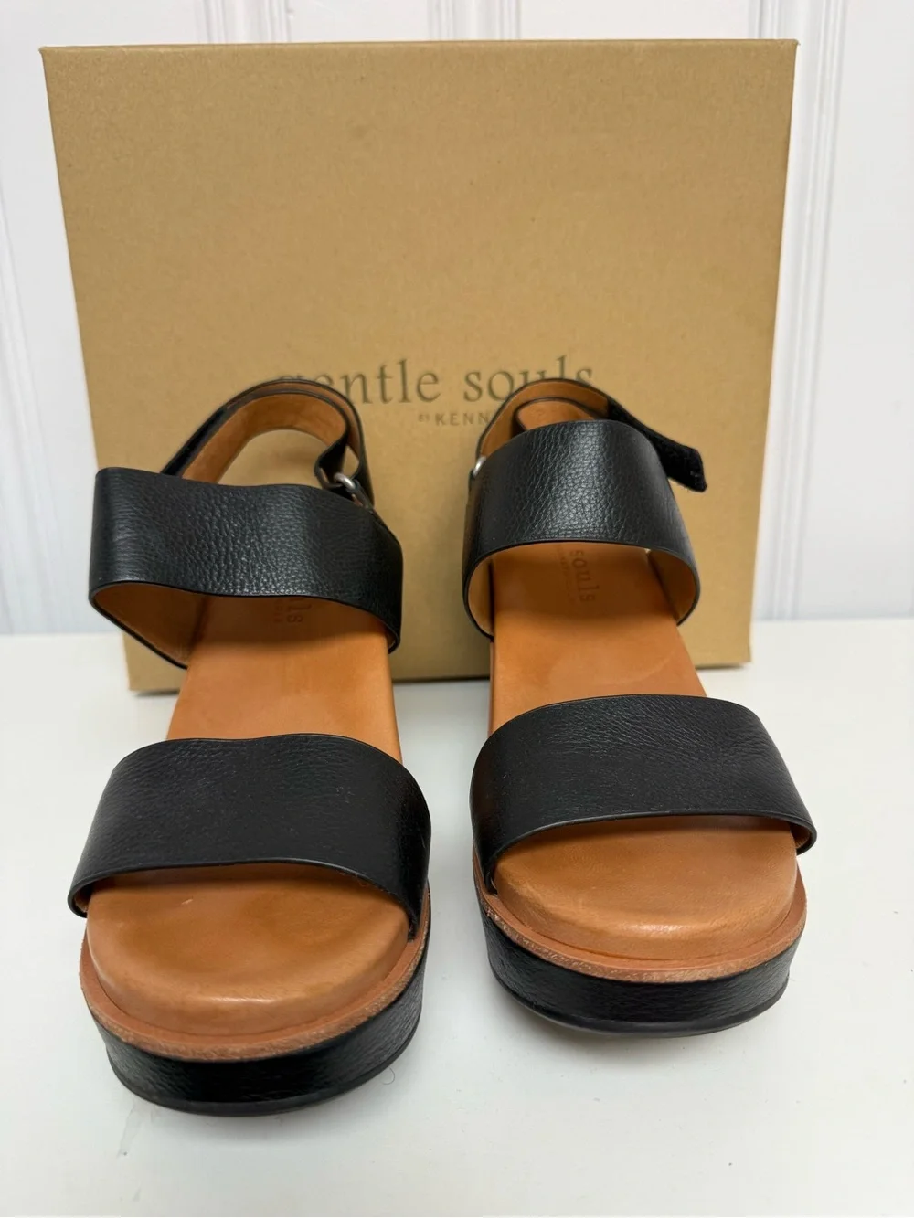 Gentle Souls Hope Black Leather Platform Wedge Sandals 9.5